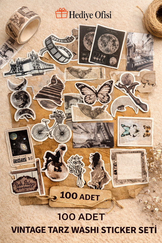Vintage Washi Sticker Seti 100 Adet – Retro Estetik Scrapbook, Günlük ve Planlayıcı Dekoratif Etiket Seti