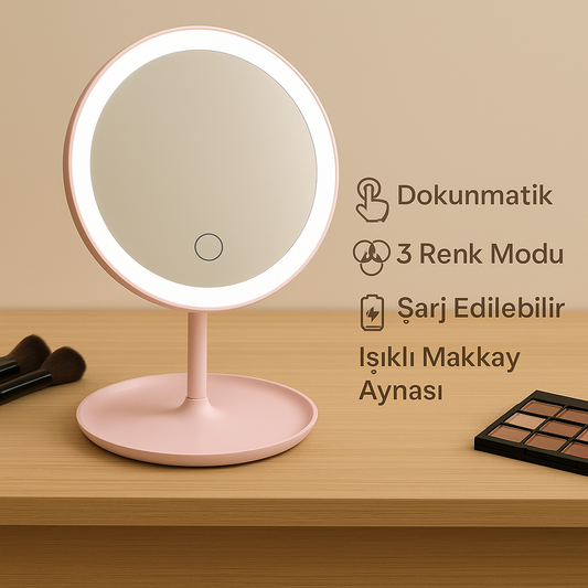 Led Işıklı Dokunmatik Makyaj Aynası Pembe & Beyaz – 3 Kademeli Işık Ayarı , 360° Döner Başlık
