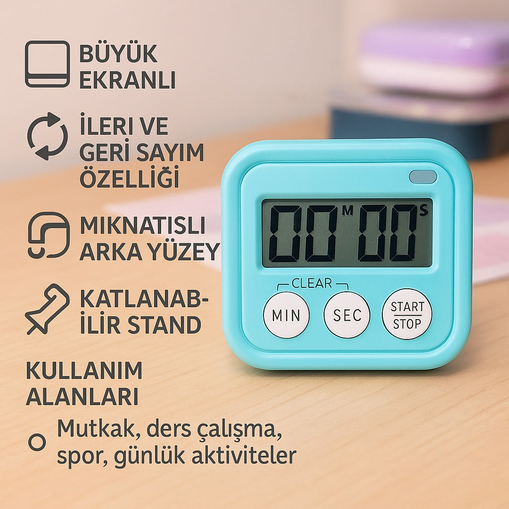 Kronometreli Ders Çalışma Saati -Dijital Kronometre|Sesli Uyarı – Mıknatıslı & Masaüstü Zamanlayıcı