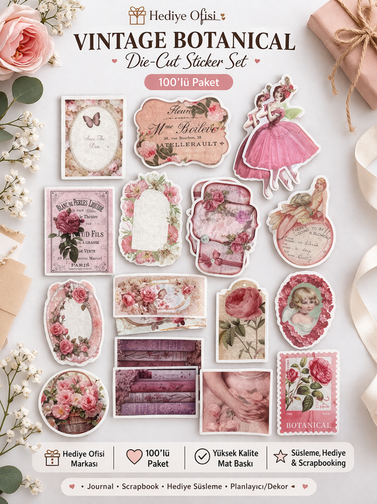 Hediye Ofisi Vintage Çiçek Temalı Sticker Seti 100’lü Paket – Scrapbook, Journal ve Dekoratif Etiket Koleksiyonu