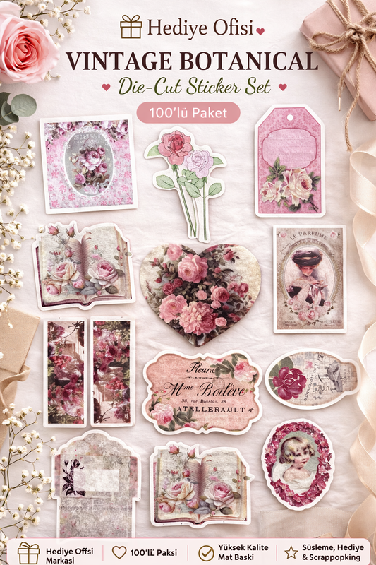 Hediye Ofisi Vintage Çiçek Temalı Sticker Seti 100’lü Paket – Scrapbook, Journal ve Dekoratif Etiket Koleksiyonu