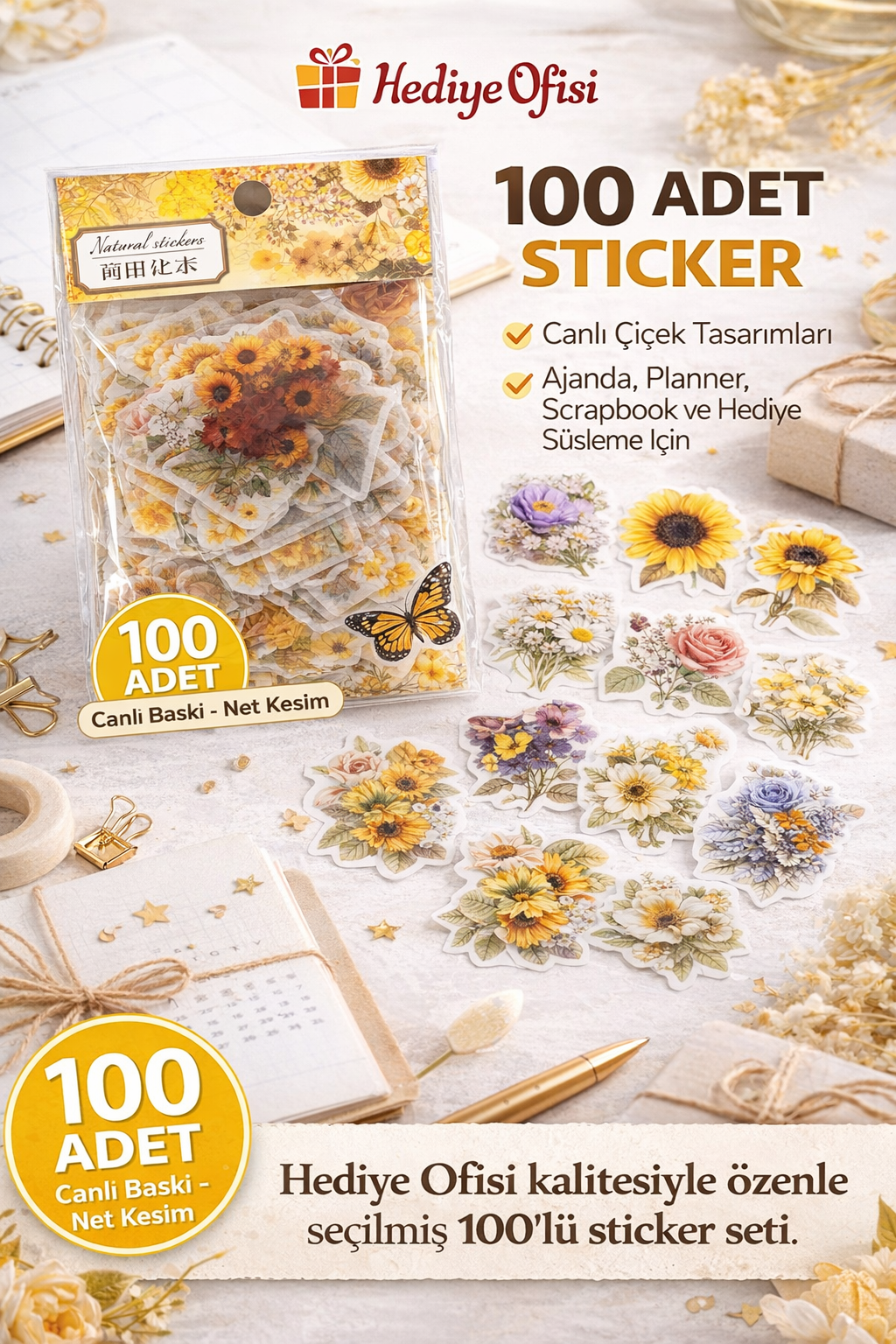 Hediye Ofisi 100lü Çiçek ve Doğa Temalı Şeffaf Sticker