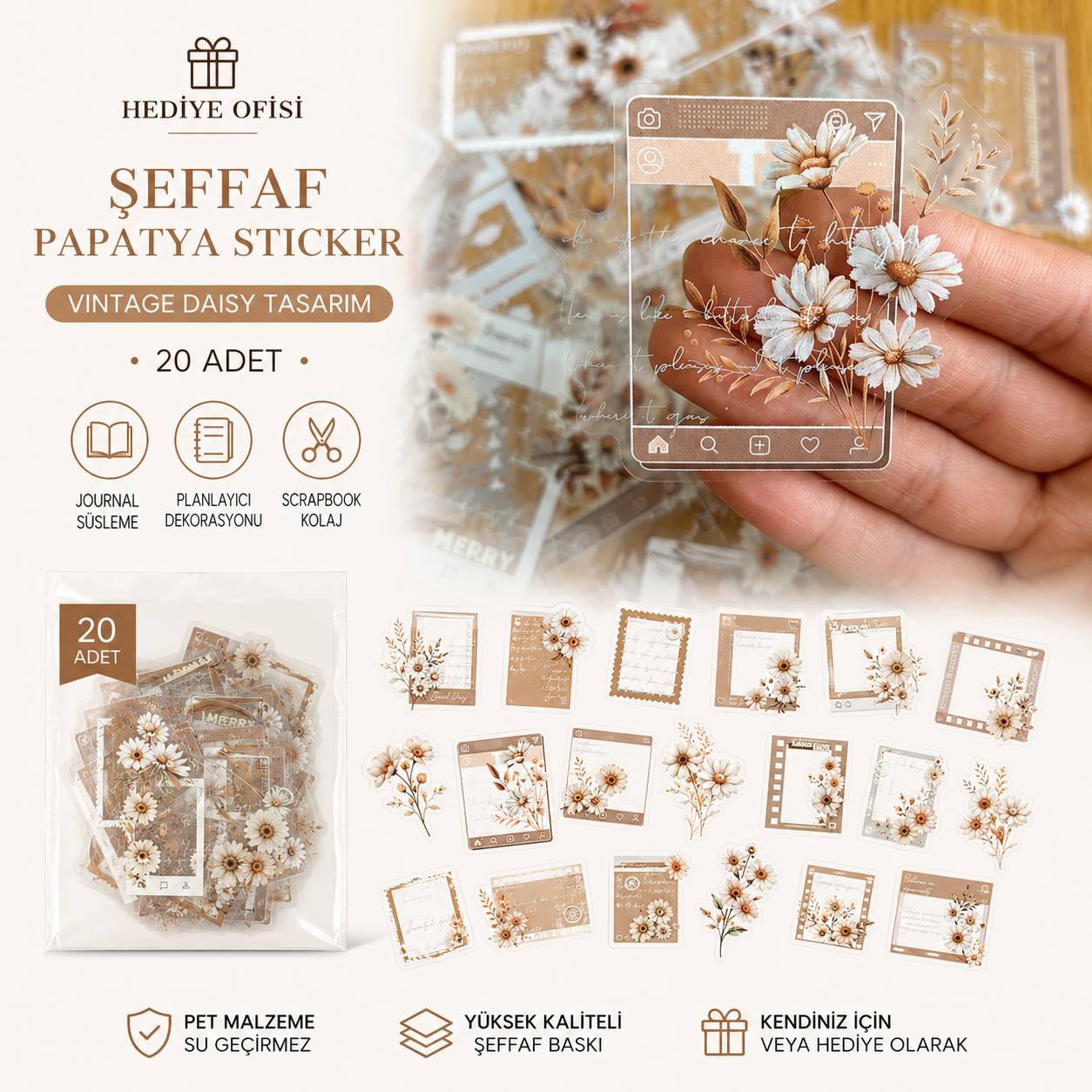 Hediye Ofisi Vintage Temalı Şeffaf PET Sticker Seti | Junk Journal, Scrapbook ve Ajanda Dekorasyonu
