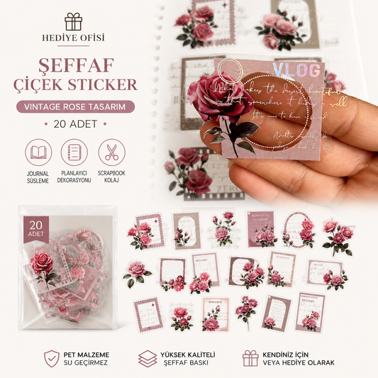 Hediye Ofisi Vintage Temalı Şeffaf PET Sticker Seti | Junk Journal, Scrapbook ve Ajanda Dekorasyonu