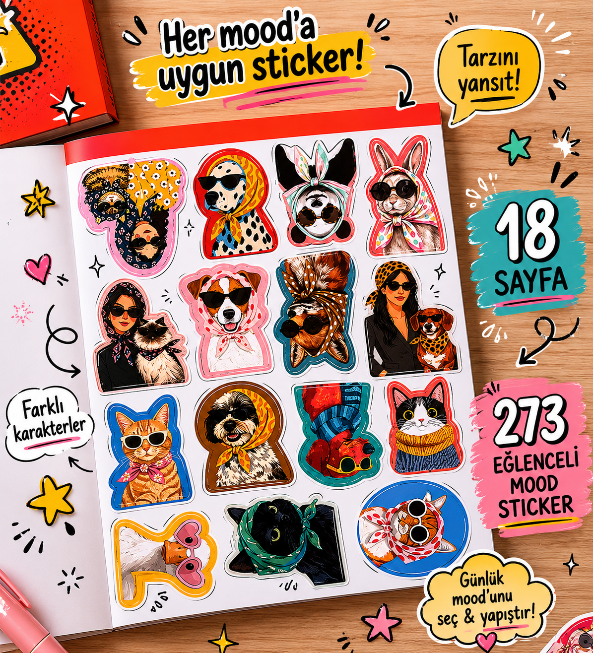 Hediye Ofisi Mood Sticker Kitabı 273 Eğlenceli Sticker 18 Sayfa Caps ve Yazı Sticker Seti