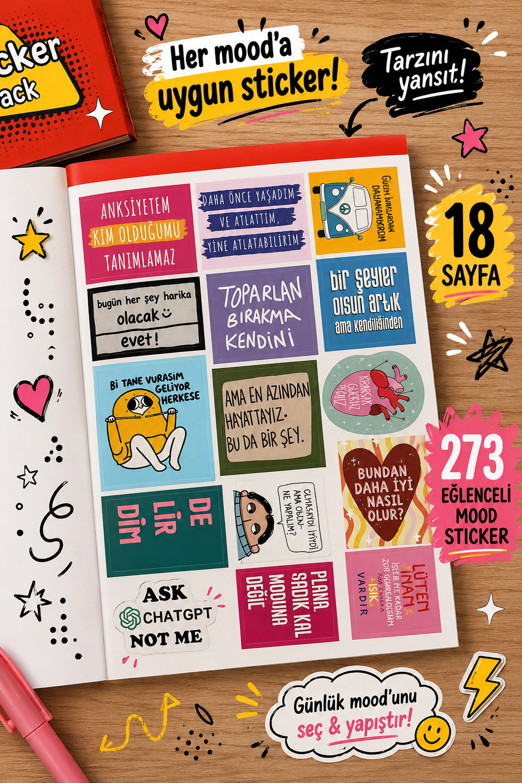 Hediye Ofisi Mood Sticker Kitabı 273 Eğlenceli Sticker 18 Sayfa Caps ve Yazı Sticker Seti