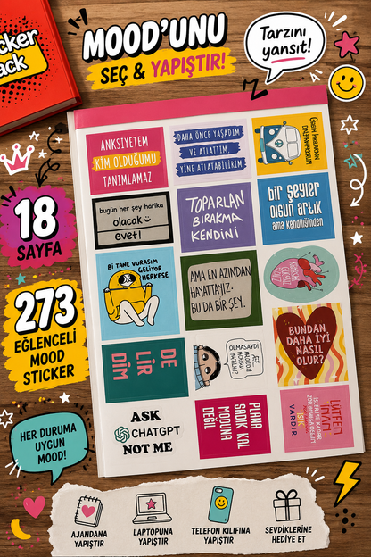 Hediye Ofisi Mood Sticker Kitabı 273 Eğlenceli Sticker 18 Sayfa Caps ve Yazı Sticker Seti