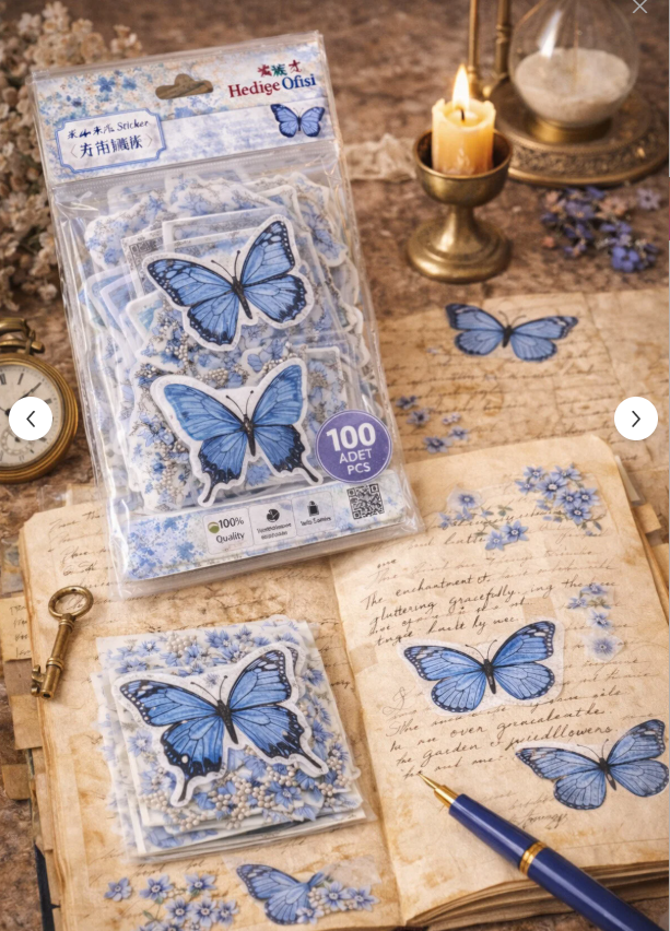 Hediye Ofisi 100’lü Şeffaf Sticker – Vintage Bullet Journal & Scrapbook İçin Mavi Çiçek Kelebek Seti