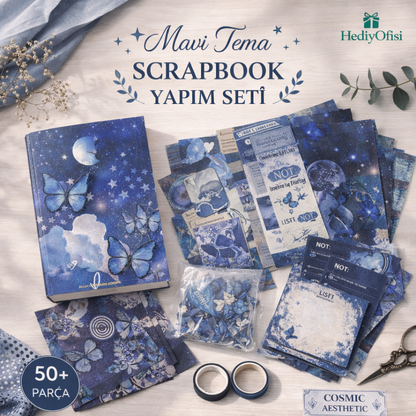 Hediye Ofisi Scrapbook Yapım Seti – Vintage & Mavi Tema, 50+ Parça, A6 Defterli, Washi Tape & Sticker Seti, DIY Hobi Seti