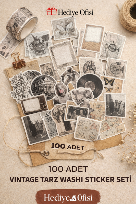 Vintage Washi Sticker Seti 100 Adet – Retro Estetik Scrapbook, Günlük ve Planlayıcı Dekoratif Etiket Seti