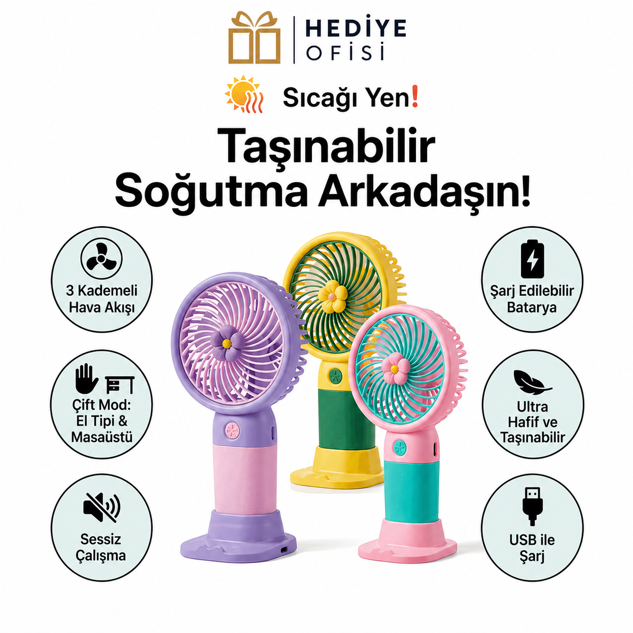 Şarjlı Mini Taşınabilir El Fanı - Sessiz USB Masaüstü Vantilatör