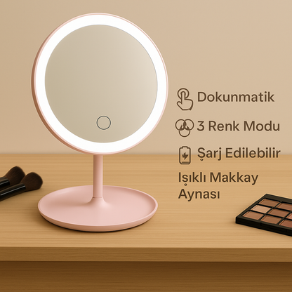 Led Işıklı Dokunmatik Makyaj Aynası Pembe & Beyaz – 3 Kademeli Işık Ayarı , 360° Döner Başlık