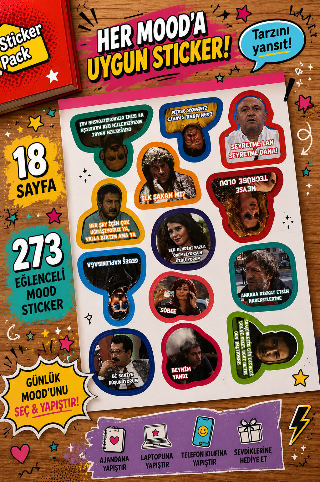 Hediye Ofisi Mood Sticker Kitabı 273 Eğlenceli Sticker 18 Sayfa Caps ve Yazı Sticker Seti