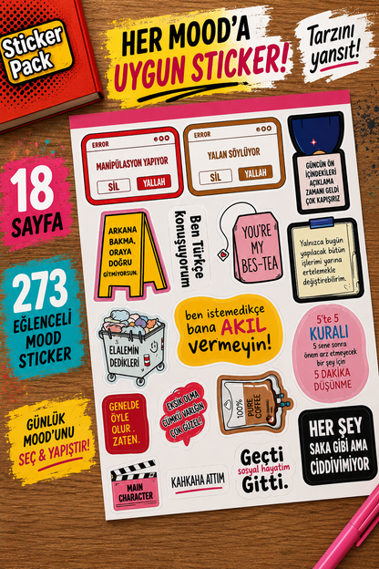 Hediye Ofisi Mood Sticker Kitabı 273 Eğlenceli Sticker 18 Sayfa Caps ve Yazı Sticker Seti