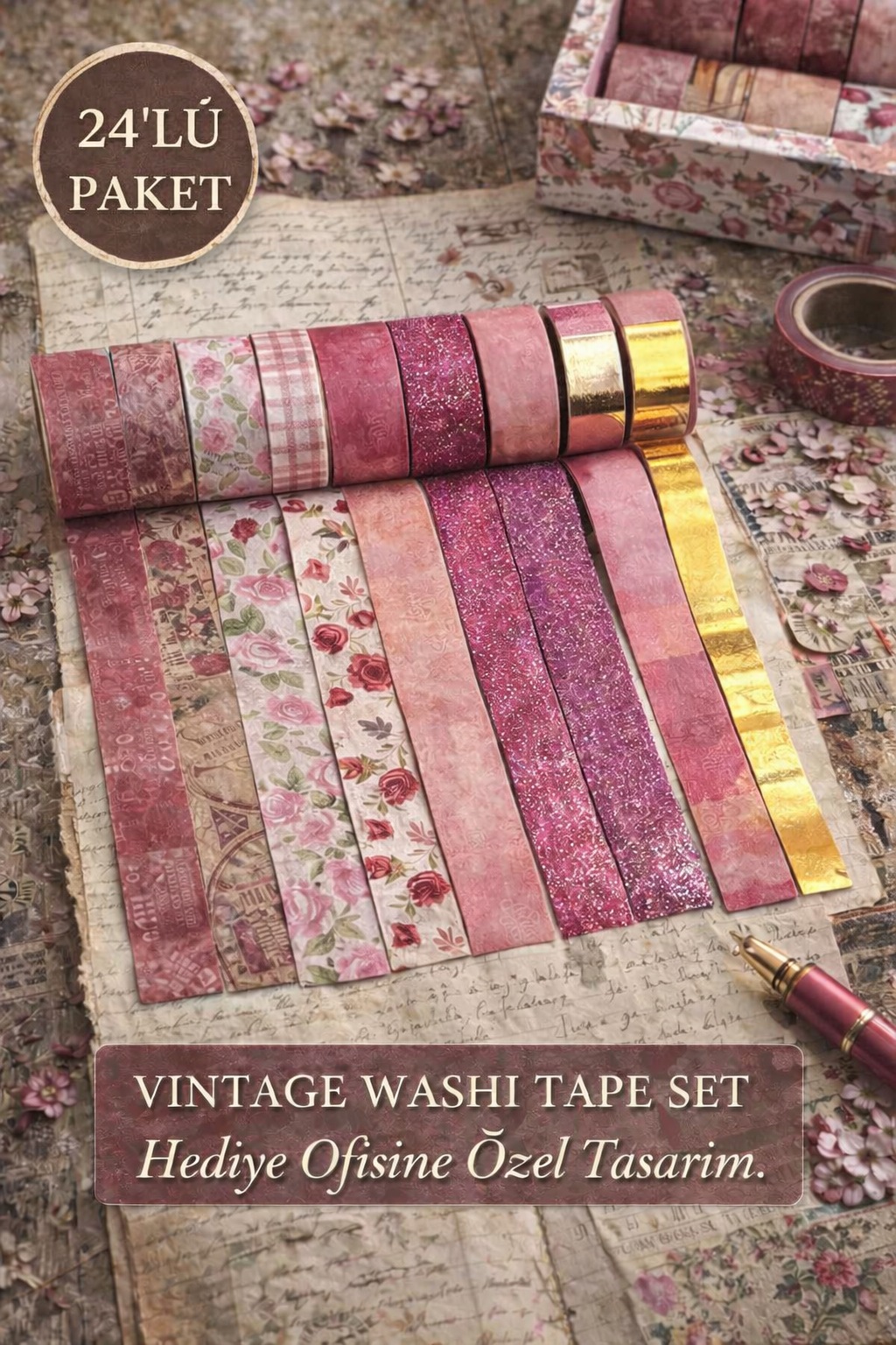 Hediye Ofisi 24’lü Vintage Washi Bant Seti | Bullet Journal & Scrapbook