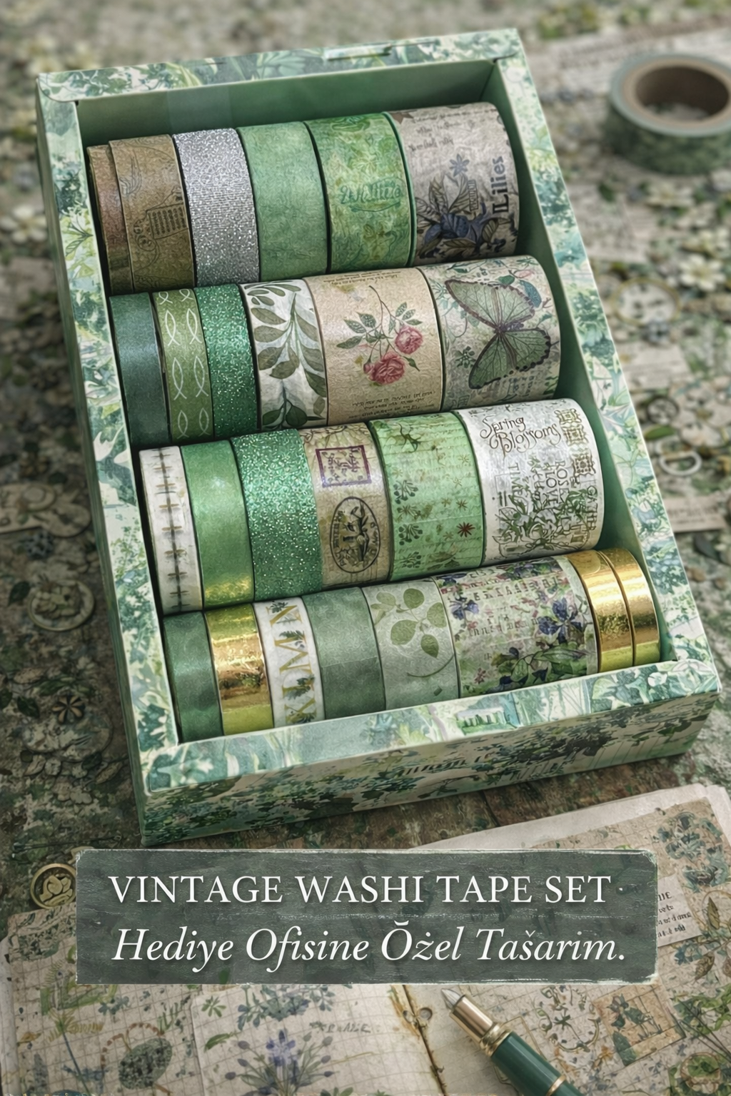 Hediye Ofisi Yeşil 24’lü Vintage Washi Bant Seti | Bullet Journal & Scrapbook