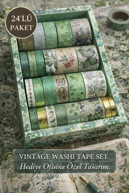 Hediye Ofisi Yeşil 24’lü Vintage Washi Bant Seti | Bullet Journal & Scrapbook
