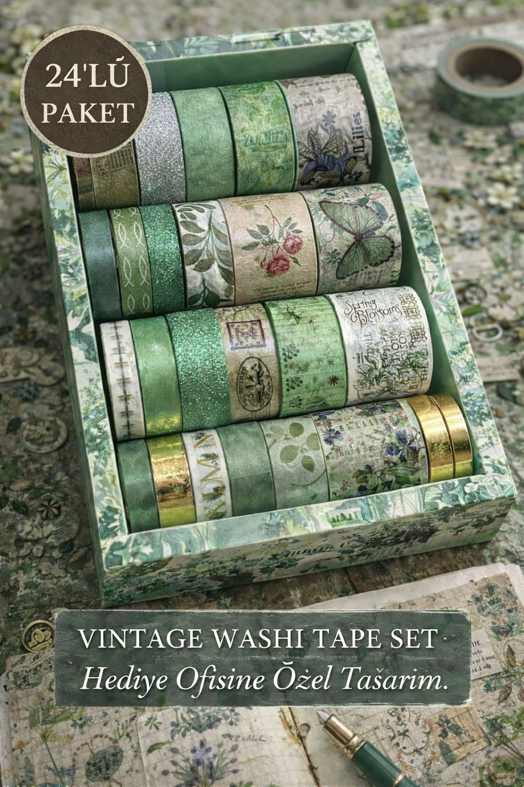 Hediye Ofisi Yeşil 24’lü Vintage Washi Bant Seti | Bullet Journal & Scrapbook